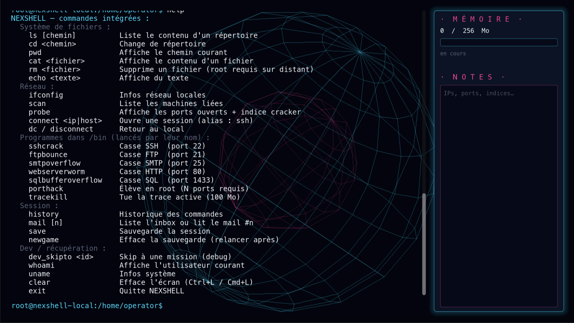 Liste des commandes du terminal NEXSHELL